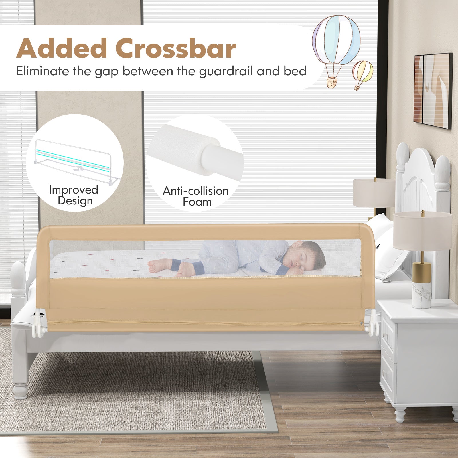 71 Inch Extra Long Swing Down Bed Guardrail with Safety Straps, Beige Bed Rails at Gallery Canada
