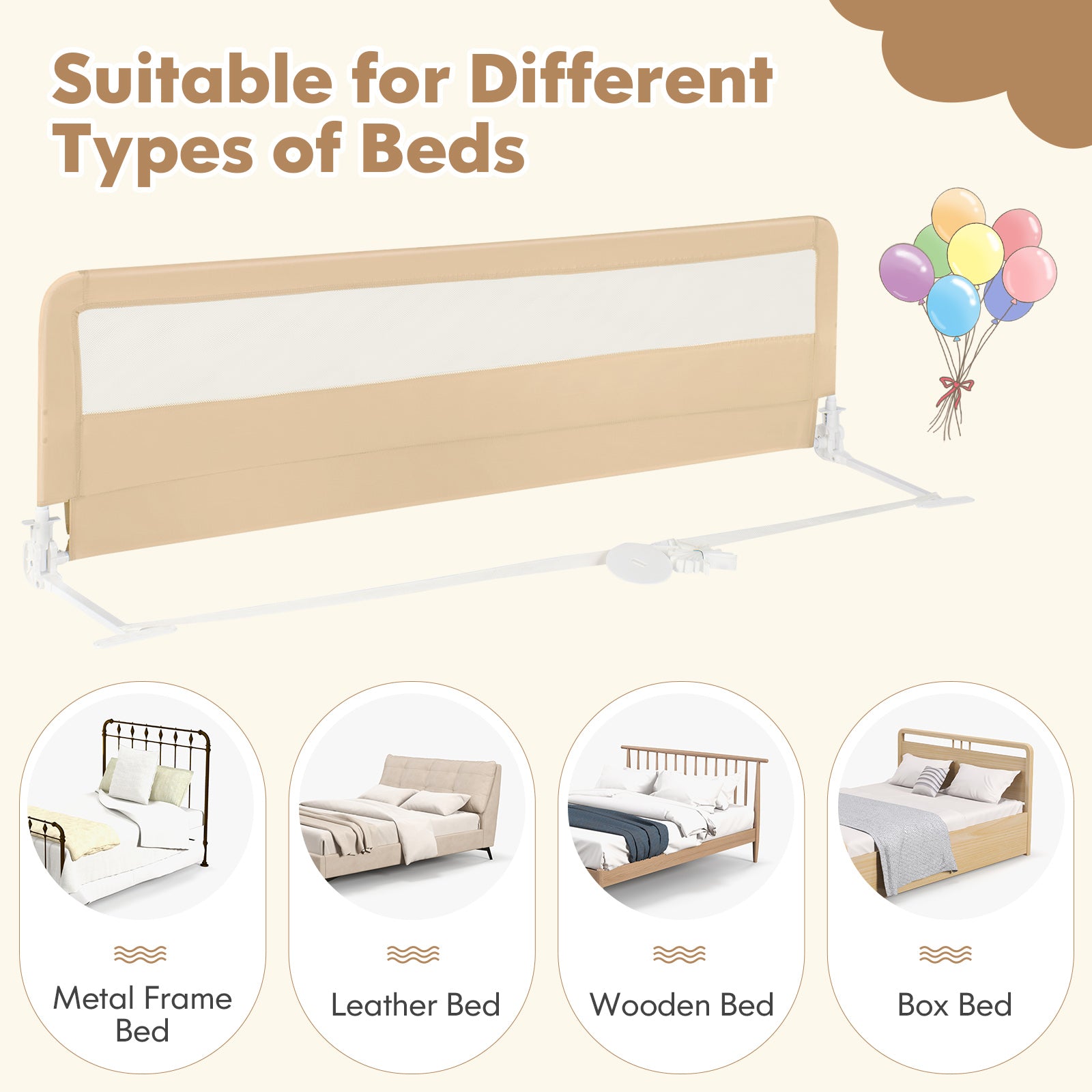71 Inch Extra Long Swing Down Bed Guardrail with Safety Straps, Beige Bed Rails at Gallery Canada