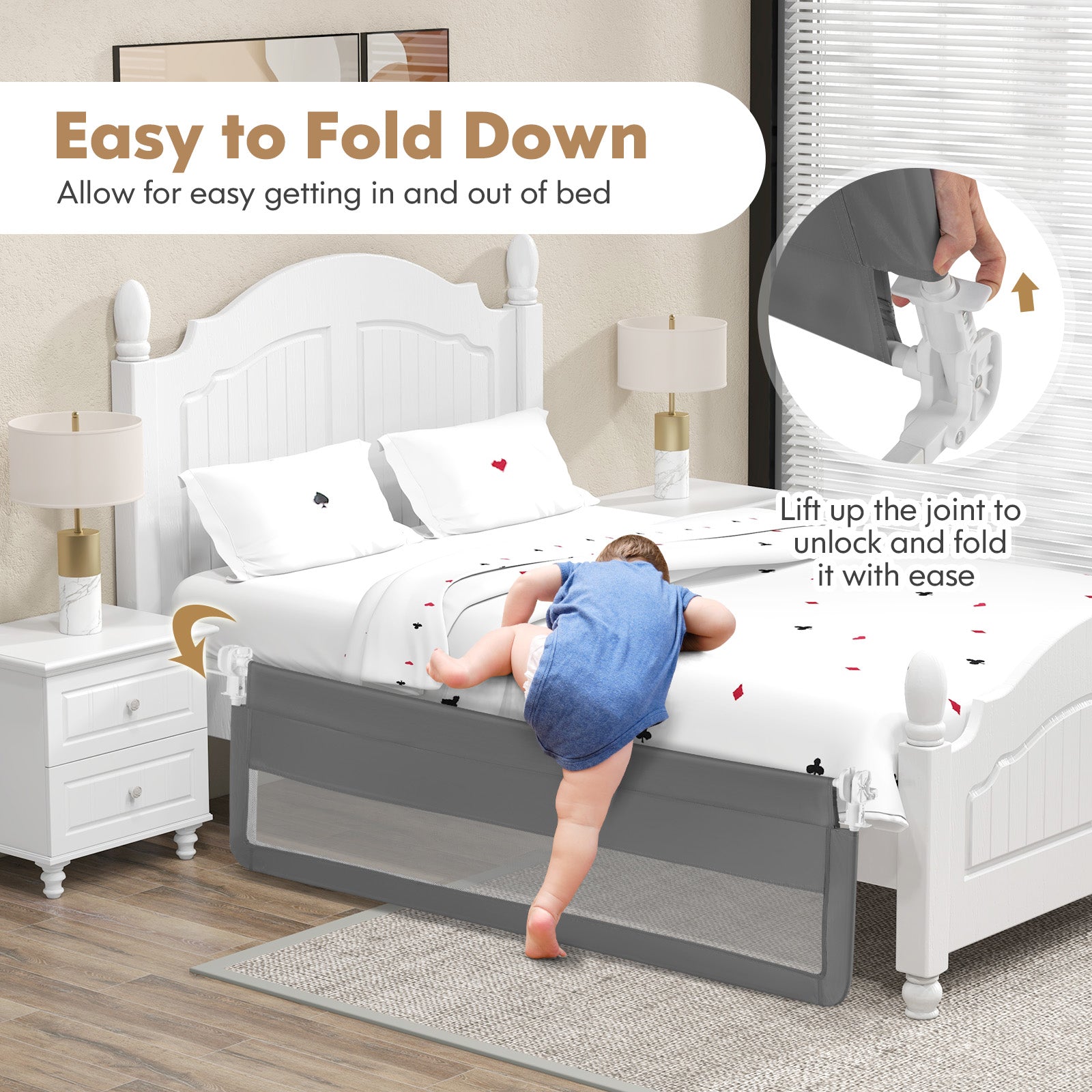 71 Inch Extra Long Swing Down Bed Guardrail with Safety Straps, Gray Bed Rails at Gallery Canada