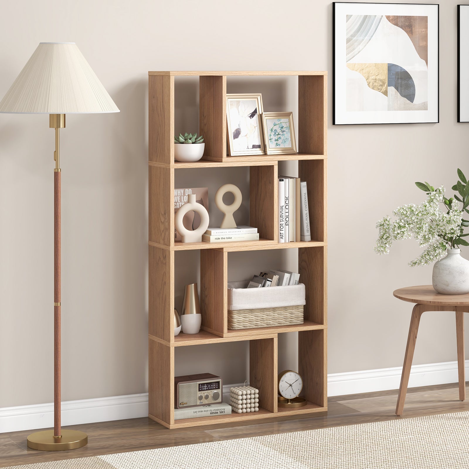 48 Inch 4-Tier Geometric Bookshelf with 8 Cubes for Living Room Bedroom, Natural Bookcases   at Gallery Canada