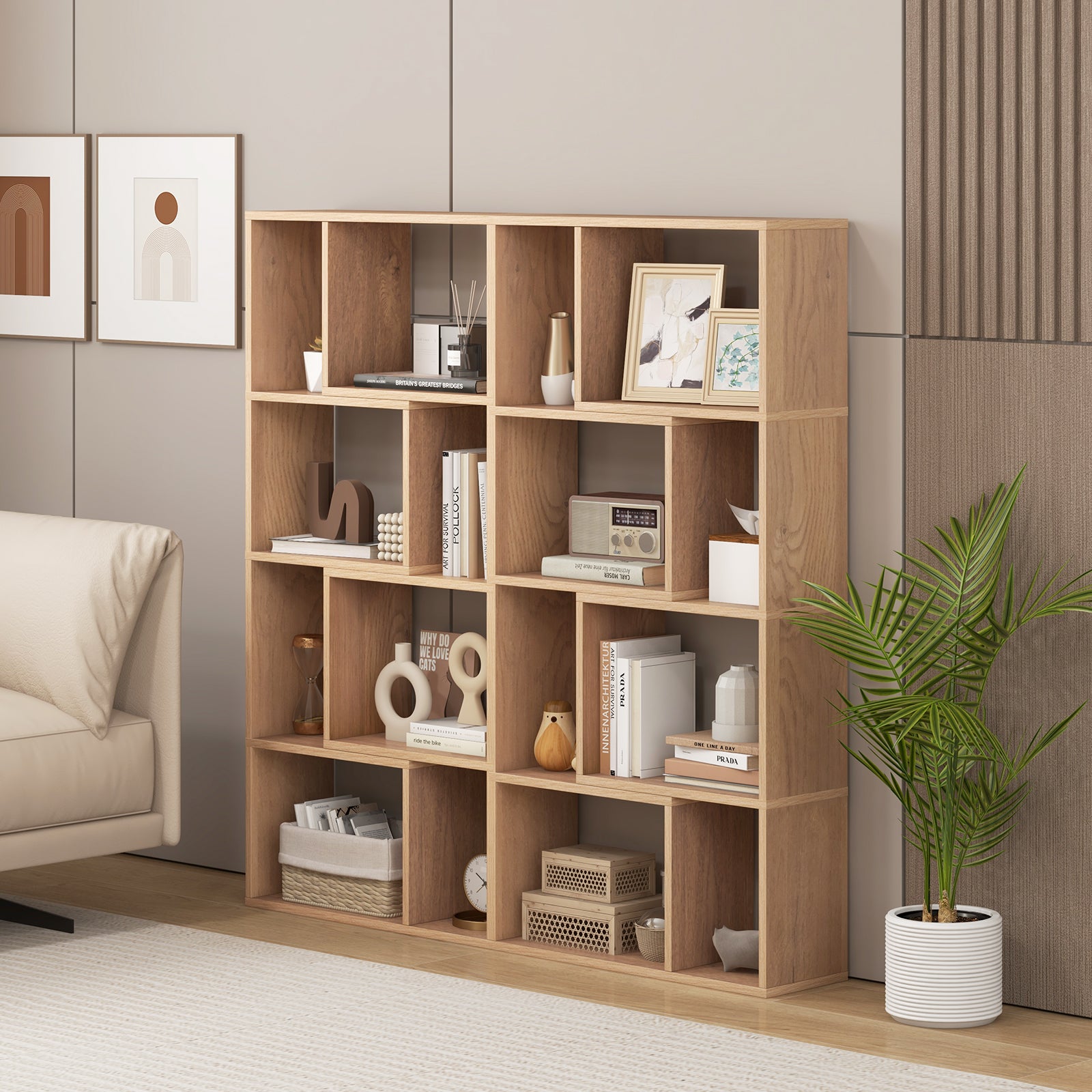 48 Inch 4-Tier Geometric Bookshelf with 8 Cubes for Living Room Bedroom, Natural Bookcases   at Gallery Canada