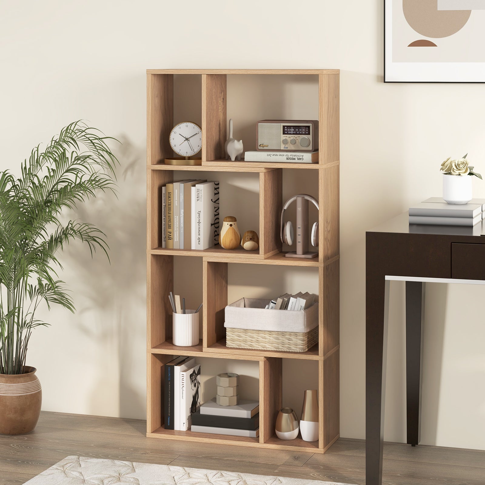 48 Inch 4-Tier Geometric Bookshelf with 8 Cubes for Living Room Bedroom, Natural Bookcases   at Gallery Canada