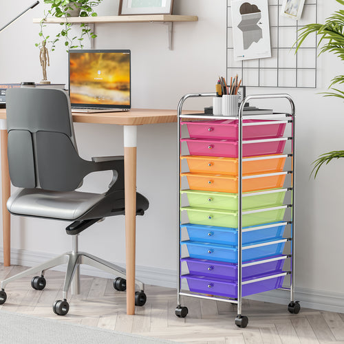 10 Drawer Rolling Storage Cart Organizer with 4 Universal Casters, Transparent Multicolor