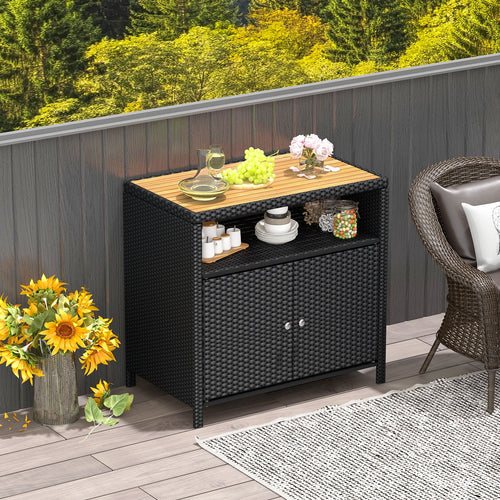 Rattan Storage Cabinet with Acacia Wood Countertop for Poolside Deck and Patio, Black