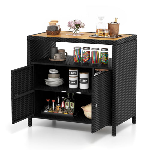 Rattan Storage Cabinet with Acacia Wood Countertop for Poolside Deck and Patio, Black
