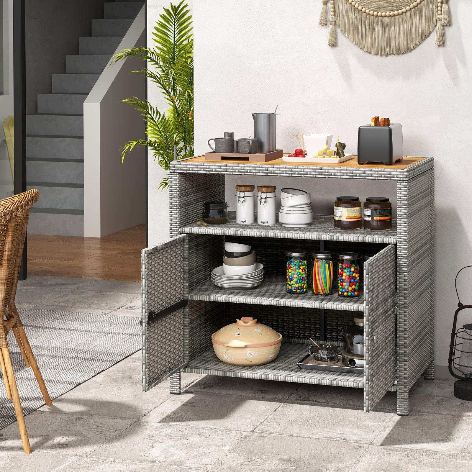 Rattan Storage Cabinet with Acacia Wood Countertop for Poolside Deck and Patio, Gray Sideboards Cabinets & Buffets at Gallery Canada