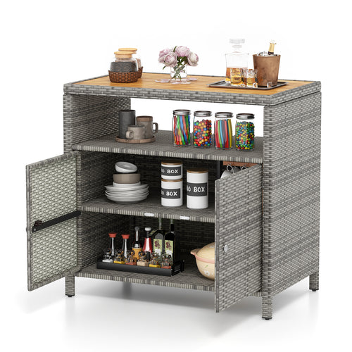 Rattan Storage Cabinet with Acacia Wood Countertop for Poolside Deck and Patio, Gray