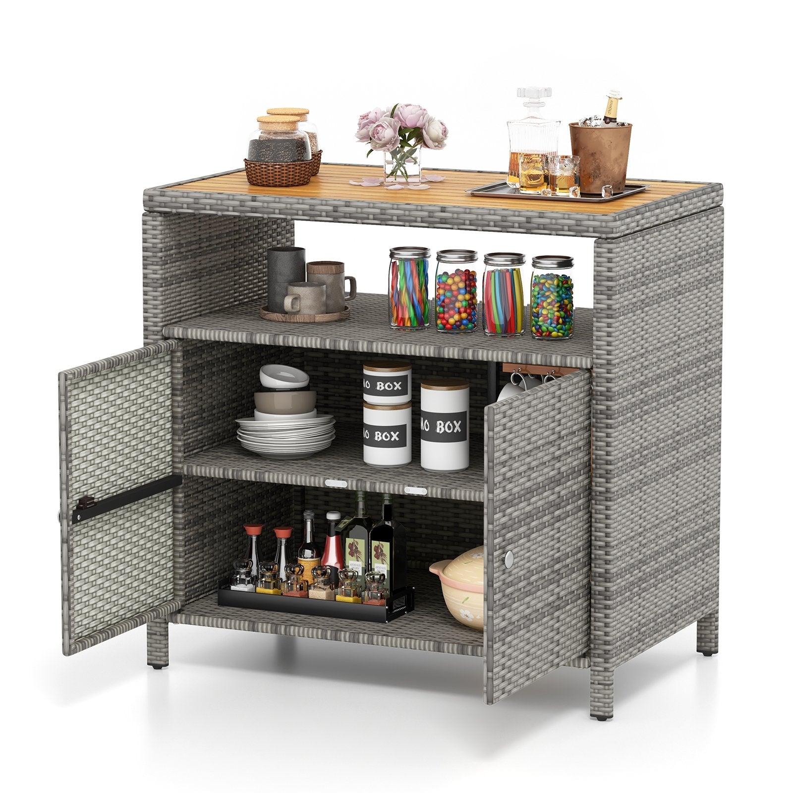 Rattan Storage Cabinet with Acacia Wood Countertop for Poolside Deck and Patio, Gray Sideboards Cabinets & Buffets Gray at Gallery Canada