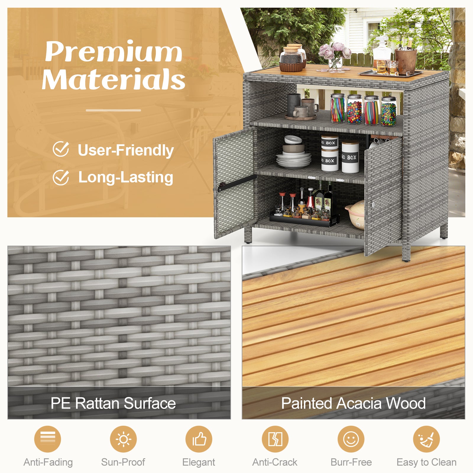 Rattan Storage Cabinet with Acacia Wood Countertop for Poolside Deck and Patio, Gray Sideboards Cabinets & Buffets at Gallery Canada