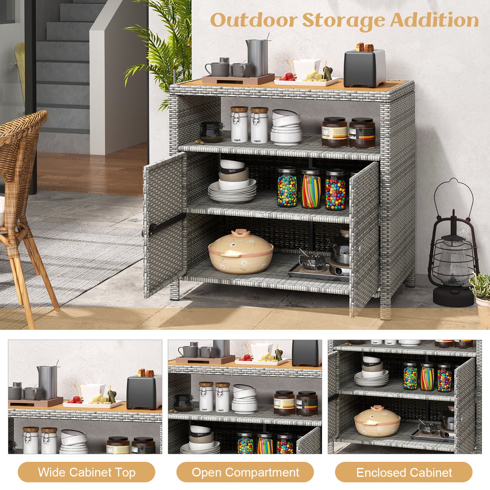Rattan Storage Cabinet with Acacia Wood Countertop for Poolside Deck and Patio, Gray Sideboards Cabinets & Buffets at Gallery Canada