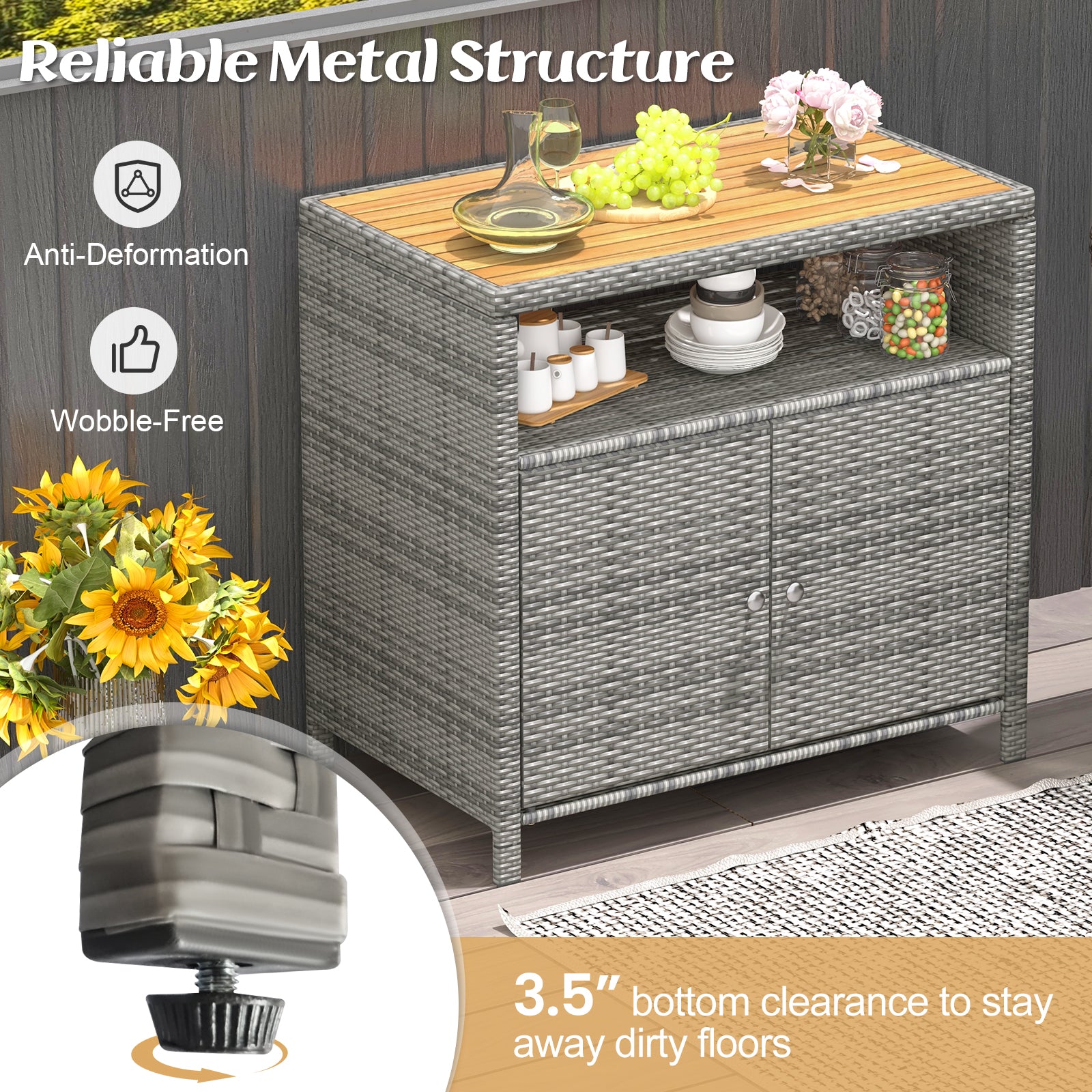 Rattan Storage Cabinet with Acacia Wood Countertop for Poolside Deck and Patio, Gray Sideboards Cabinets & Buffets at Gallery Canada