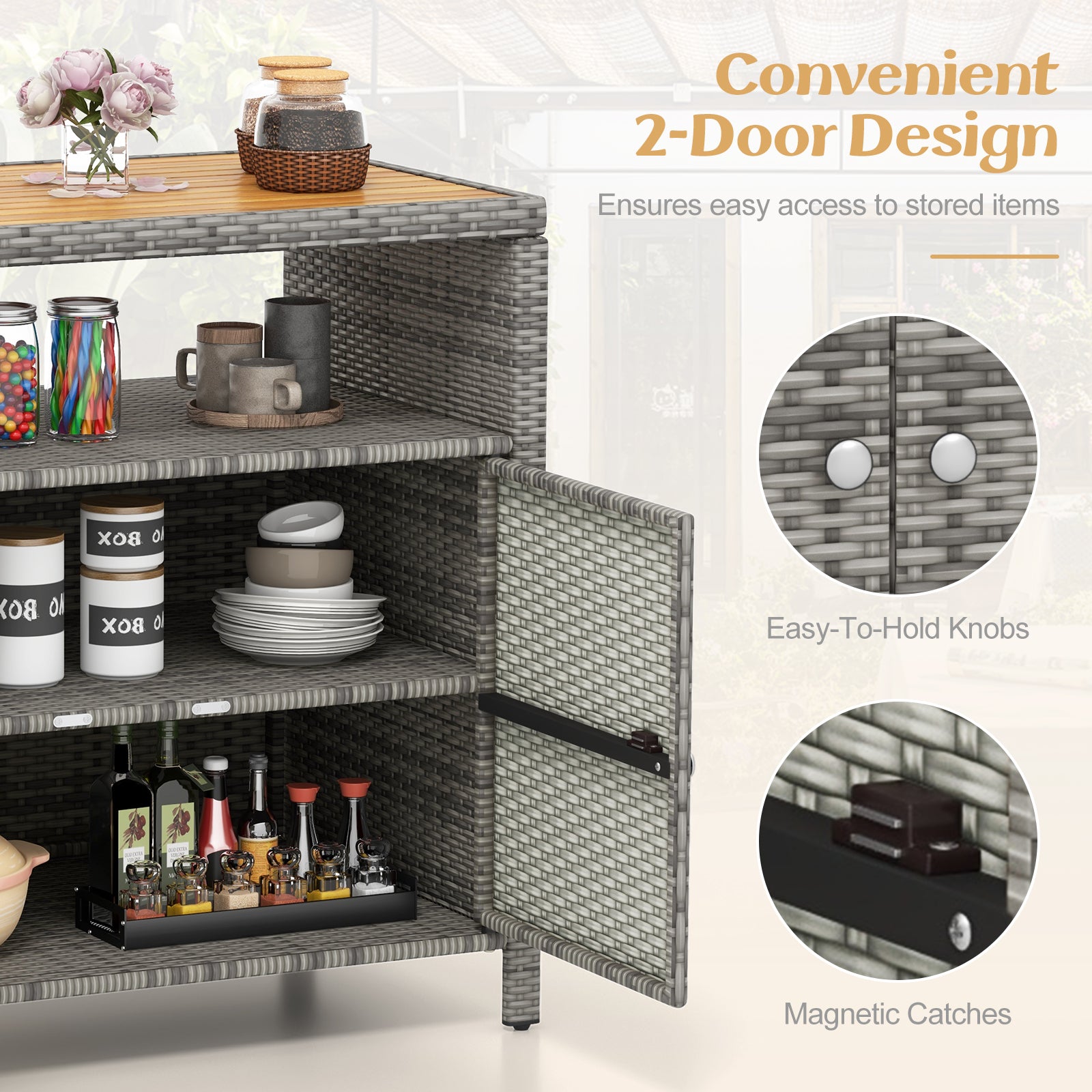 Rattan Storage Cabinet with Acacia Wood Countertop for Poolside Deck and Patio, Gray Sideboards Cabinets & Buffets at Gallery Canada
