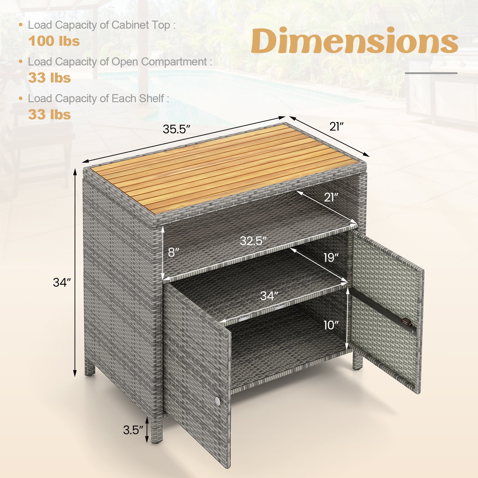 Rattan Storage Cabinet with Acacia Wood Countertop for Poolside Deck and Patio, Gray Sideboards Cabinets & Buffets at Gallery Canada