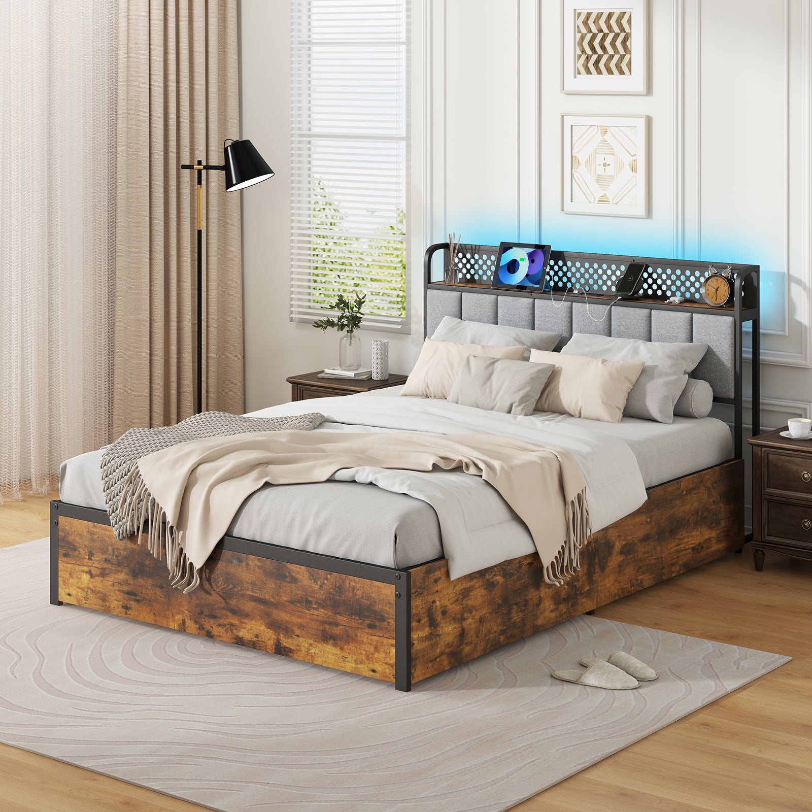 Twin/Full/Queen Bed Frame with LED Lights  Upholstered Headboard and 4 Storage Drawers-Full Size Simple Bed Frame   at Gallery Canada