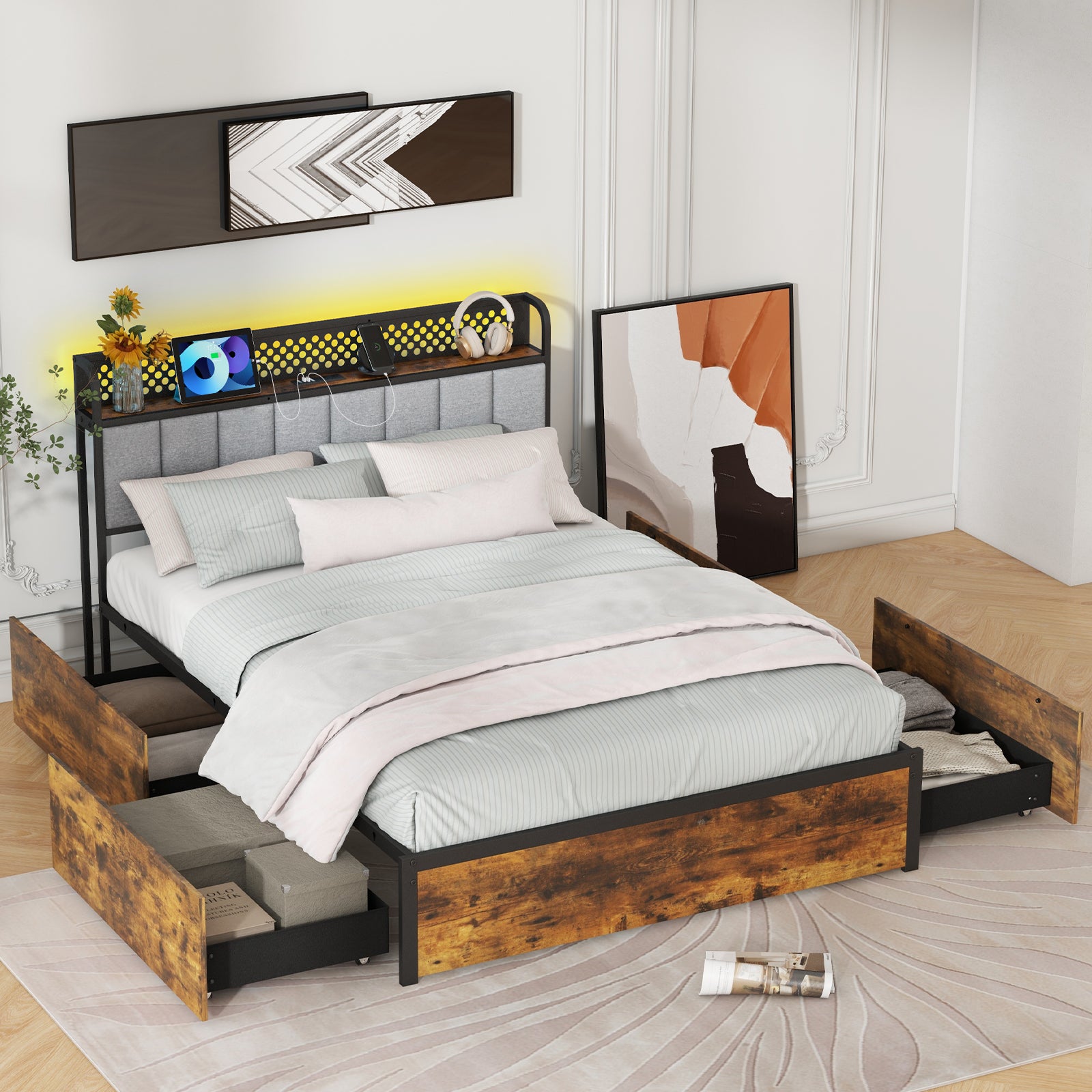 Twin/Full/Queen Bed Frame with LED Lights  Upholstered Headboard and 4 Storage Drawers-Full Size Simple Bed Frame   at Gallery Canada