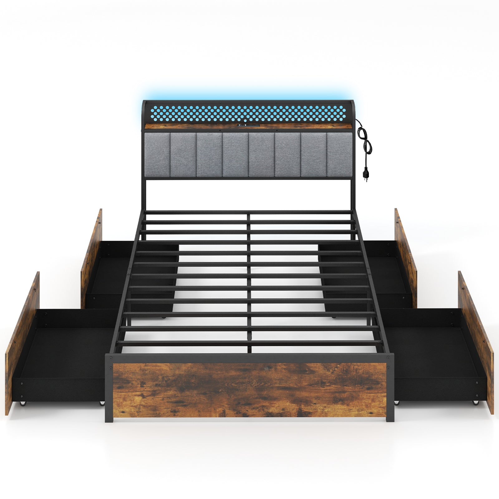 Twin/Full/Queen Bed Frame with LED Lights  Upholstered Headboard and 4 Storage Drawers-Full Size Simple Bed Frame Options  at Gallery Canada