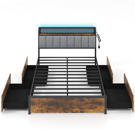 Twin/Full/Queen Bed Frame with LED Lights  Upholstered Headboard and 4 Storage Drawers-Full Size Simple Bed Frame Options  at Gallery Canada