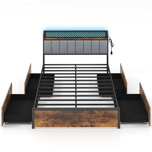 Twin/Full/Queen Bed Frame with LED Lights  Upholstered Headboard and 4 Storage Drawers-Full Size