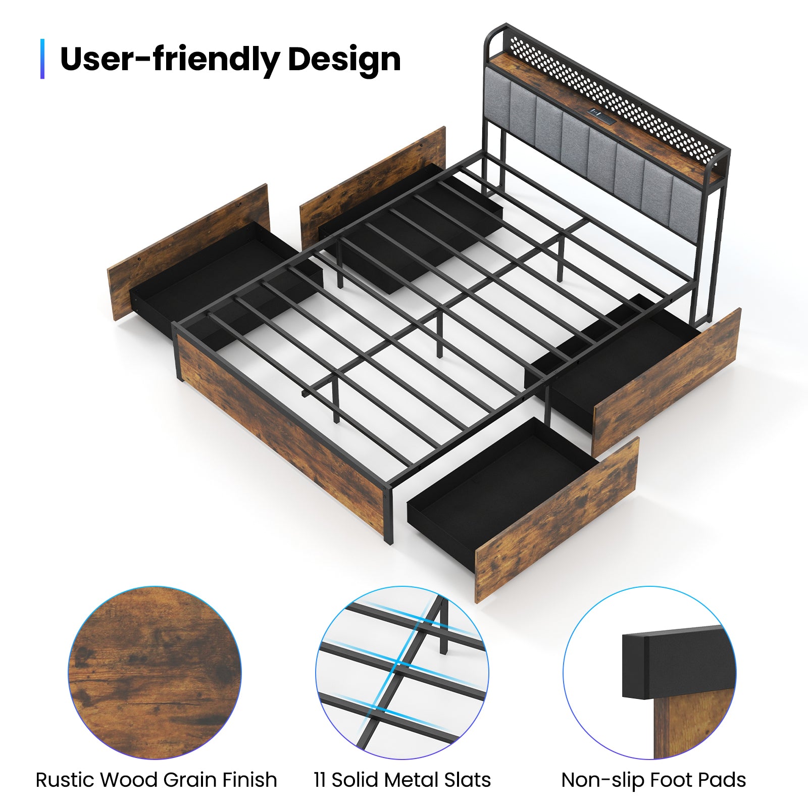 Twin/Full/Queen Bed Frame with LED Lights  Upholstered Headboard and 4 Storage Drawers-Full Size Simple Bed Frame   at Gallery Canada