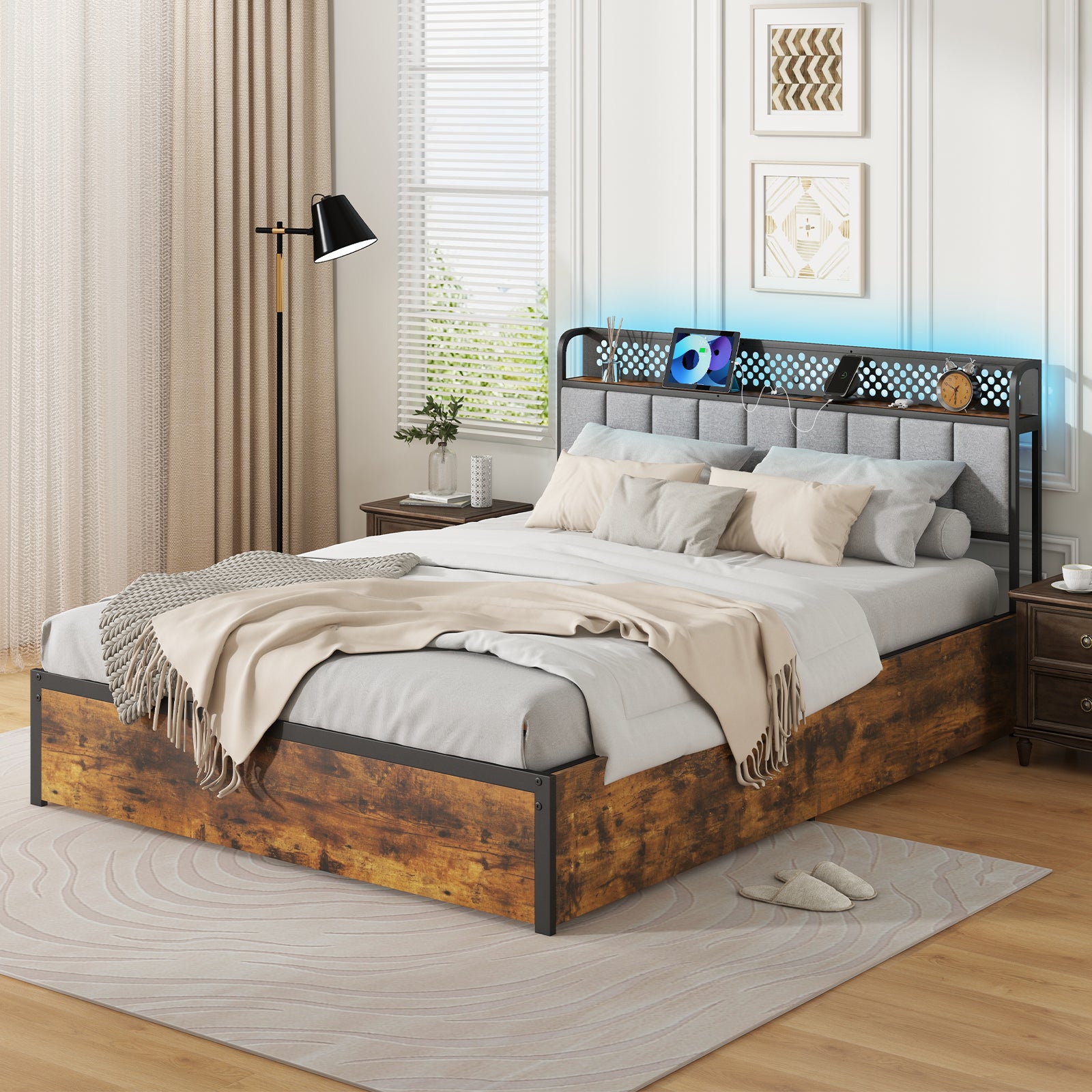 Twin/Full/Queen Bed Frame with LED Lights  Upholstered Headboard and 4 Storage Drawers-Queen Size Simple Bed Frame   at Gallery Canada