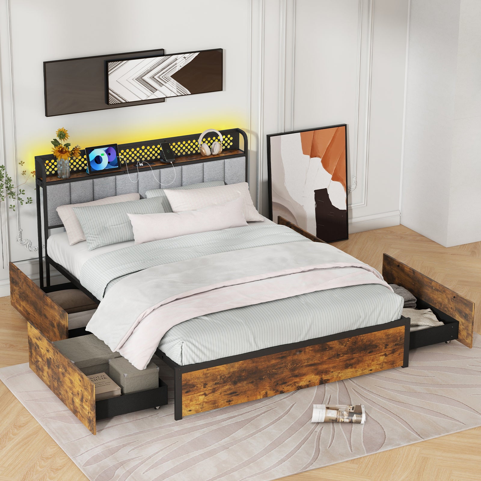 Twin/Full/Queen Bed Frame with LED Lights  Upholstered Headboard and 4 Storage Drawers-Queen Size Simple Bed Frame   at Gallery Canada