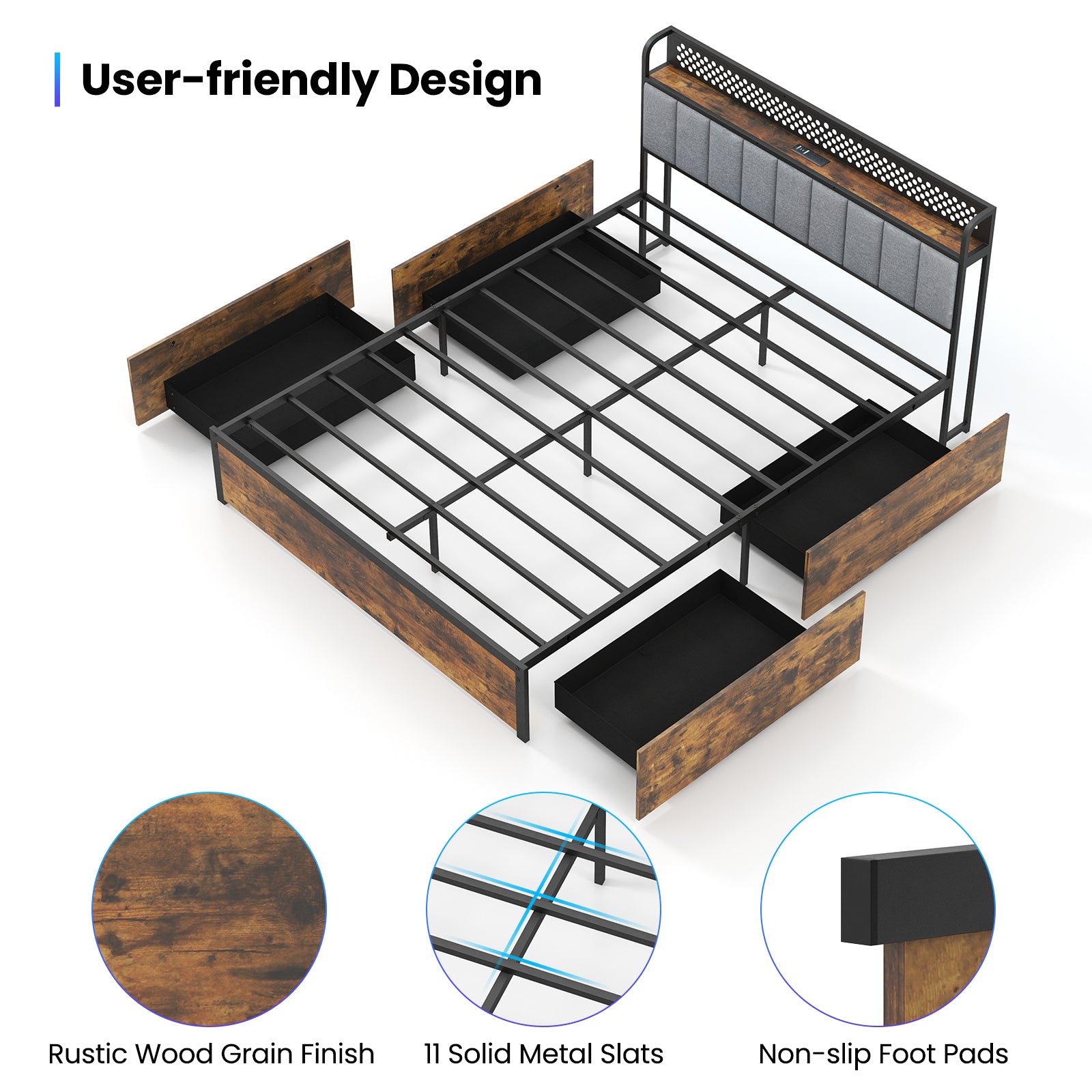 Twin/Full/Queen Bed Frame with LED Lights  Upholstered Headboard and 4 Storage Drawers-Queen Size Simple Bed Frame   at Gallery Canada