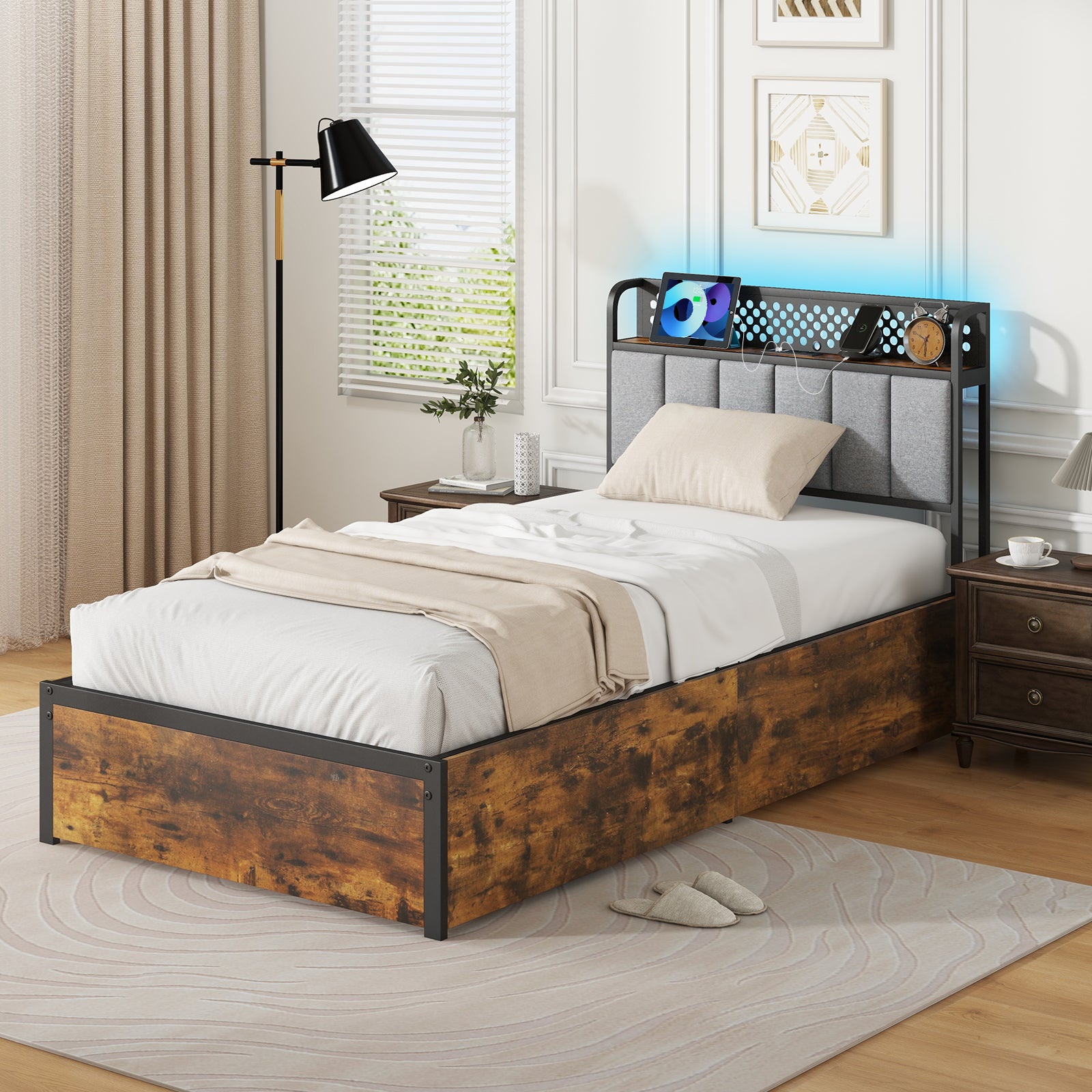 Twin/Full/Queen Bed Frame with LED Lights  Upholstered Headboard and 4 Storage Drawers-Twin size Simple Bed Frame   at Gallery Canada