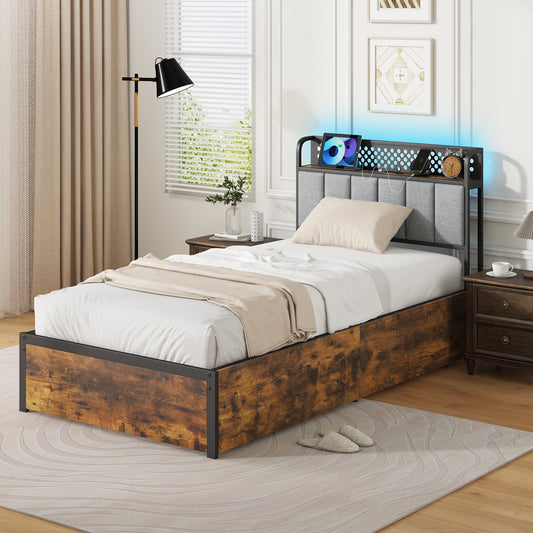 Twin/Full/Queen Bed Frame with LED Lights  Upholstered Headboard and 4 Storage Drawers-Twin size Simple Bed Frame Options  at Gallery Canada