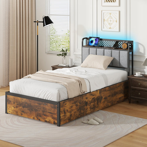 Twin/Full/Queen Bed Frame with LED Lights  Upholstered Headboard and 4 Storage Drawers-Twin size