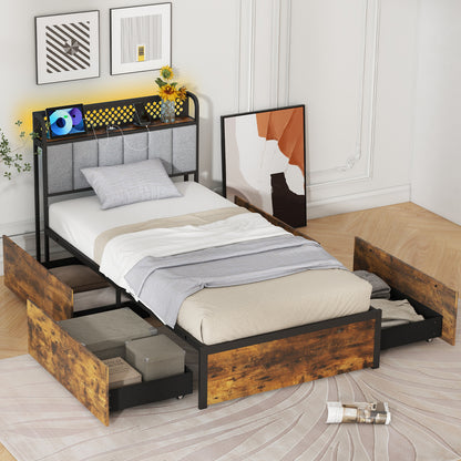 Twin/Full/Queen Bed Frame with LED Lights  Upholstered Headboard and 4 Storage Drawers-Twin size Simple Bed Frame   at Gallery Canada