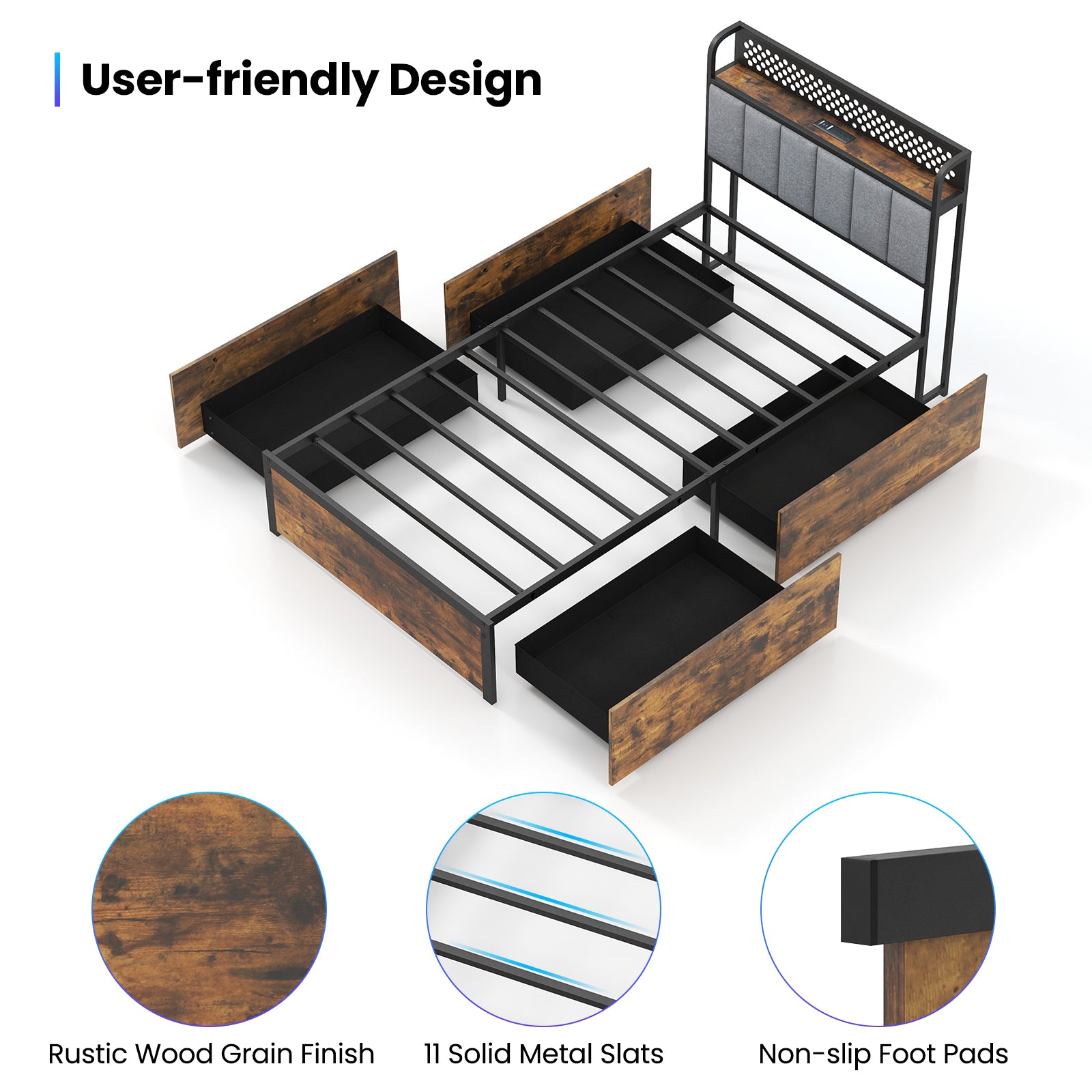 Twin/Full/Queen Bed Frame with LED Lights  Upholstered Headboard and 4 Storage Drawers-Twin size Simple Bed Frame   at Gallery Canada