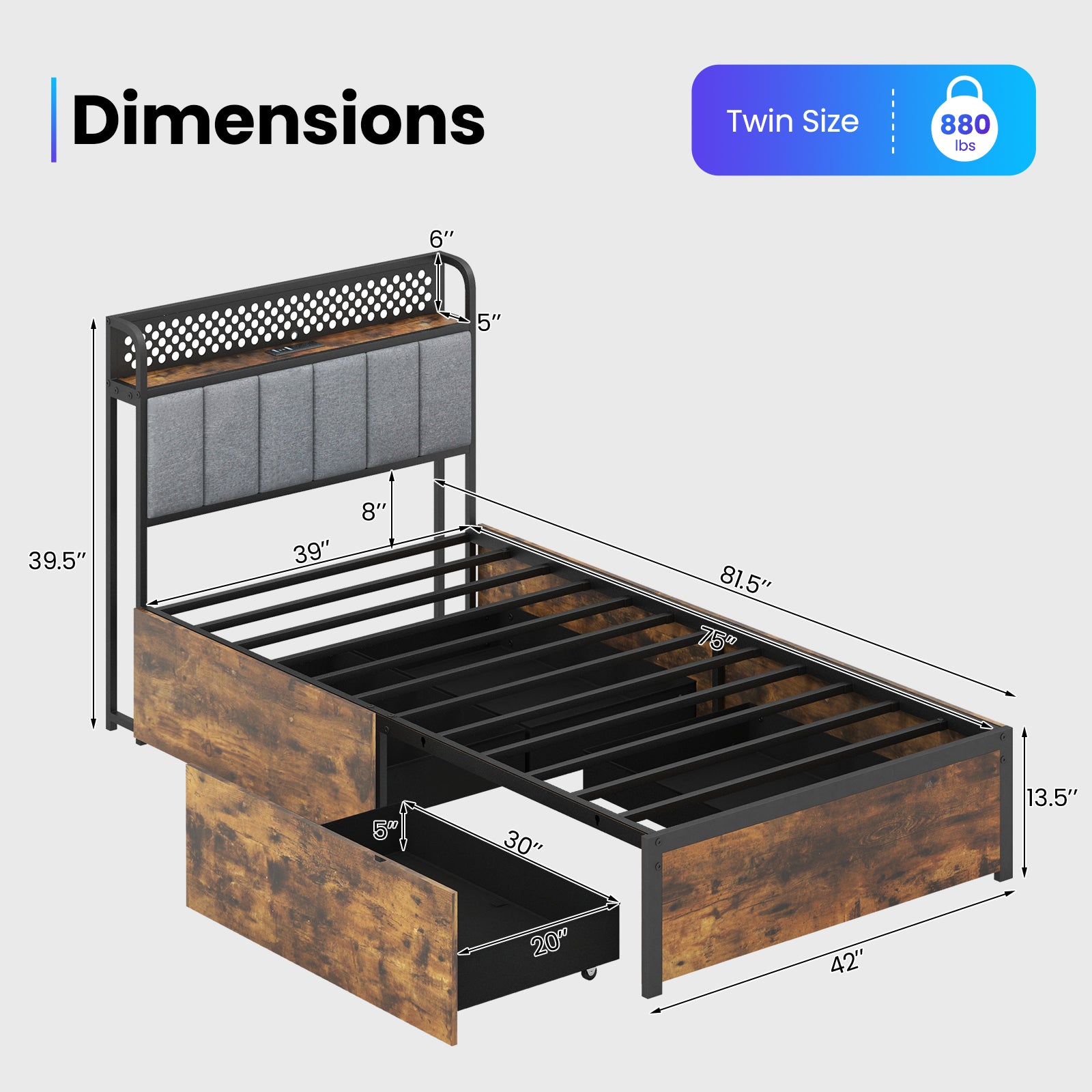 Twin/Full/Queen Bed Frame with LED Lights  Upholstered Headboard and 4 Storage Drawers-Twin size Simple Bed Frame   at Gallery Canada