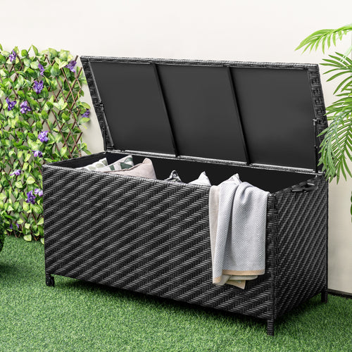 85 Gallon Outdoor Storage Box with Removable Liner and Universal Wheels, Black