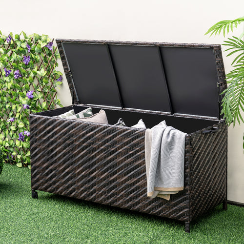 85 Gallon Outdoor Storage Box with Removable Liner and Universal Wheels, Brown