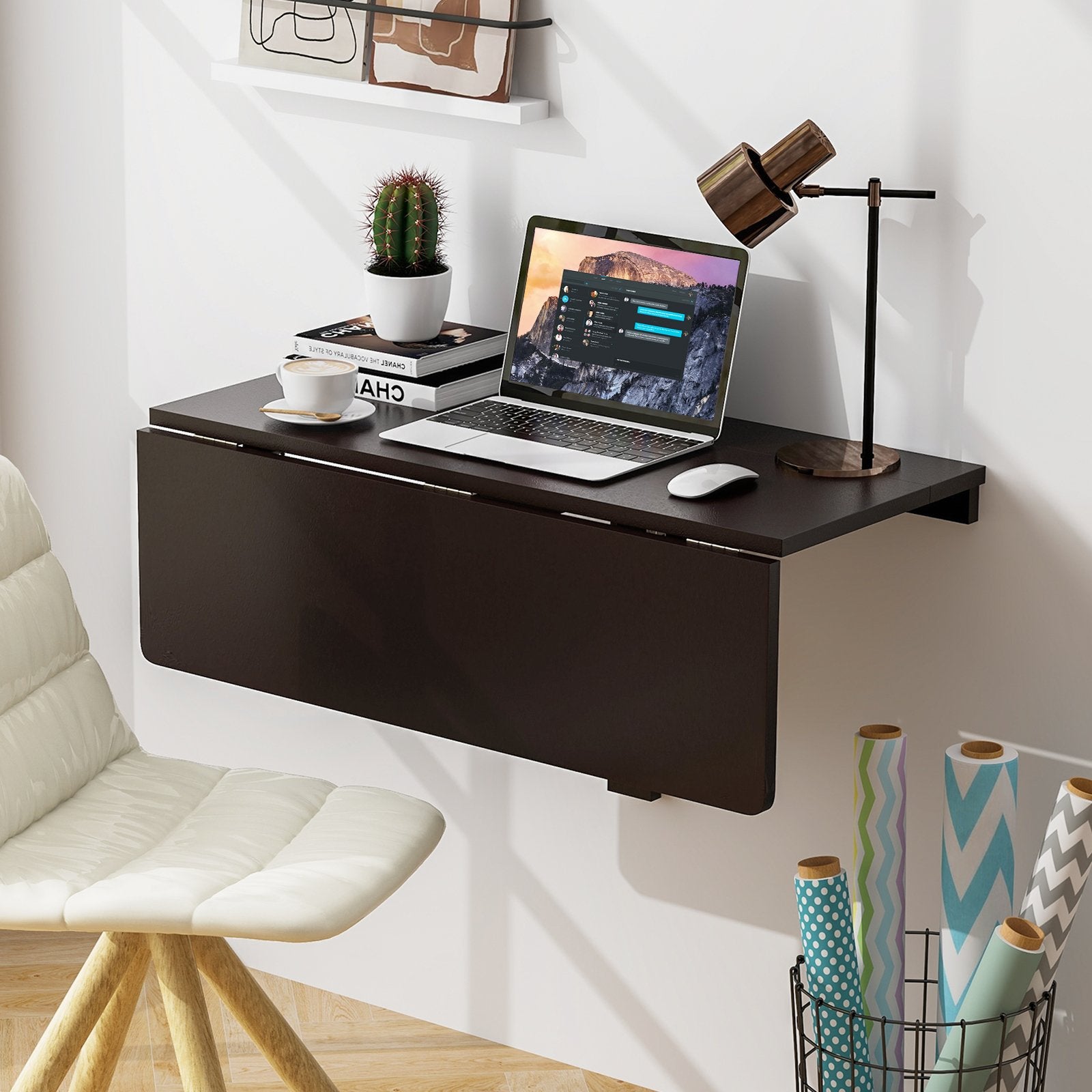 Space Saver Folding Wall-Mounted Drop-Leaf Table, Brown Laptop Tables & Printer Stands   at Gallery Canada