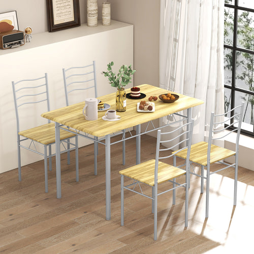 5 Pieces Wood Metal Dining Table Set with 4 Chairs, Walnut
