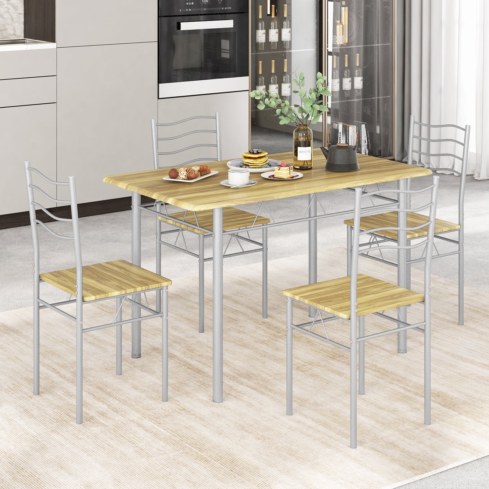 5 Pieces Wood Metal Dining Table Set with 4 Chairs, Walnut Dining Room Sets at Gallery Canada