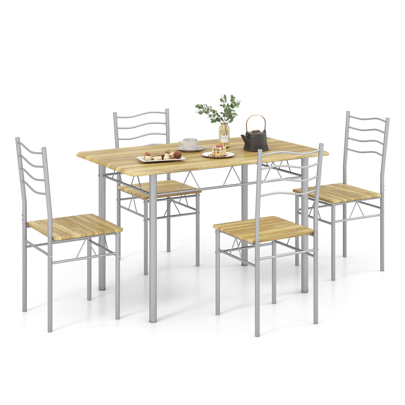 5 Pieces Wood Metal Dining Table Set with 4 Chairs, Walnut Dining Room Sets at Gallery Canada