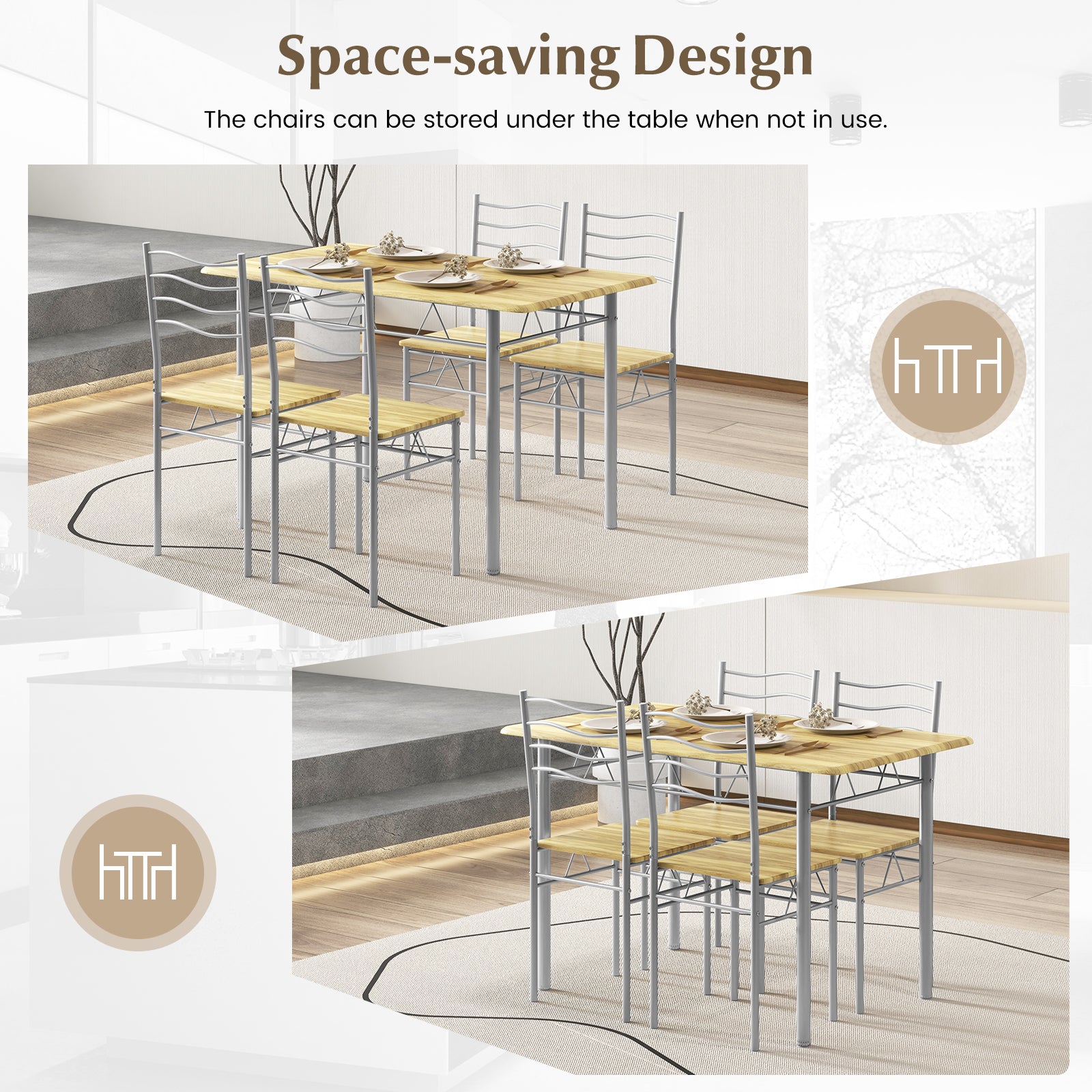 5 Pieces Wood Metal Dining Table Set with 4 Chairs, Walnut Dining Room Sets at Gallery Canada