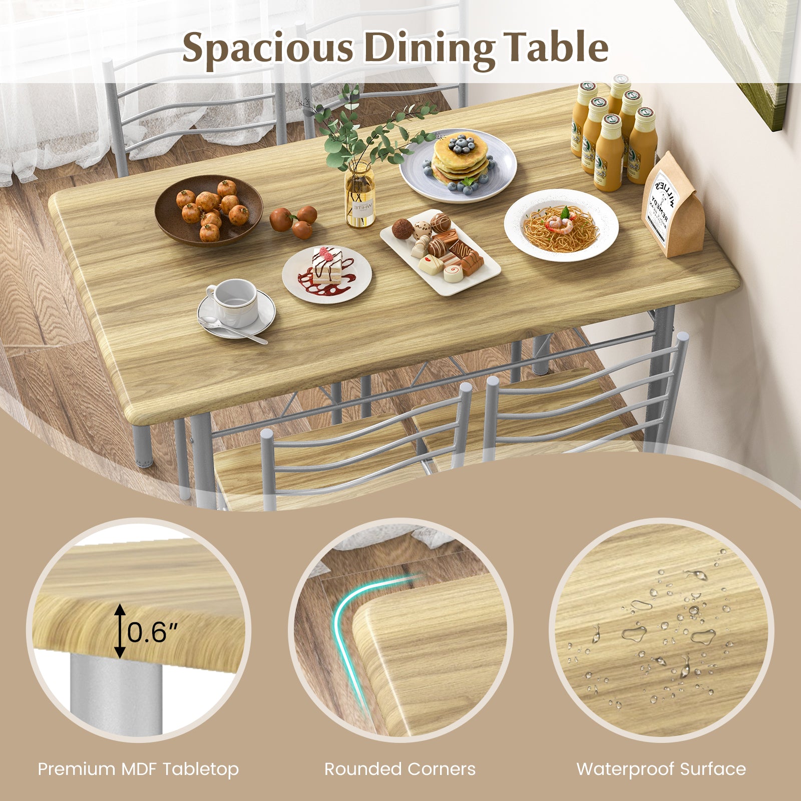 5 Pieces Wood Metal Dining Table Set with 4 Chairs, Walnut Dining Room Sets at Gallery Canada