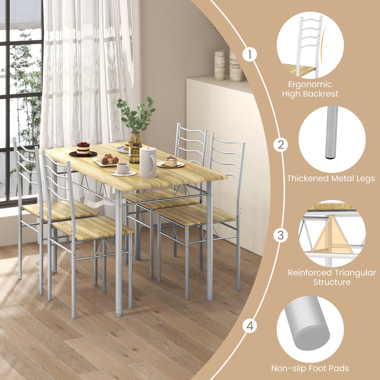 5 Pieces Wood Metal Dining Table Set with 4 Chairs, Walnut Dining Room Sets at Gallery Canada