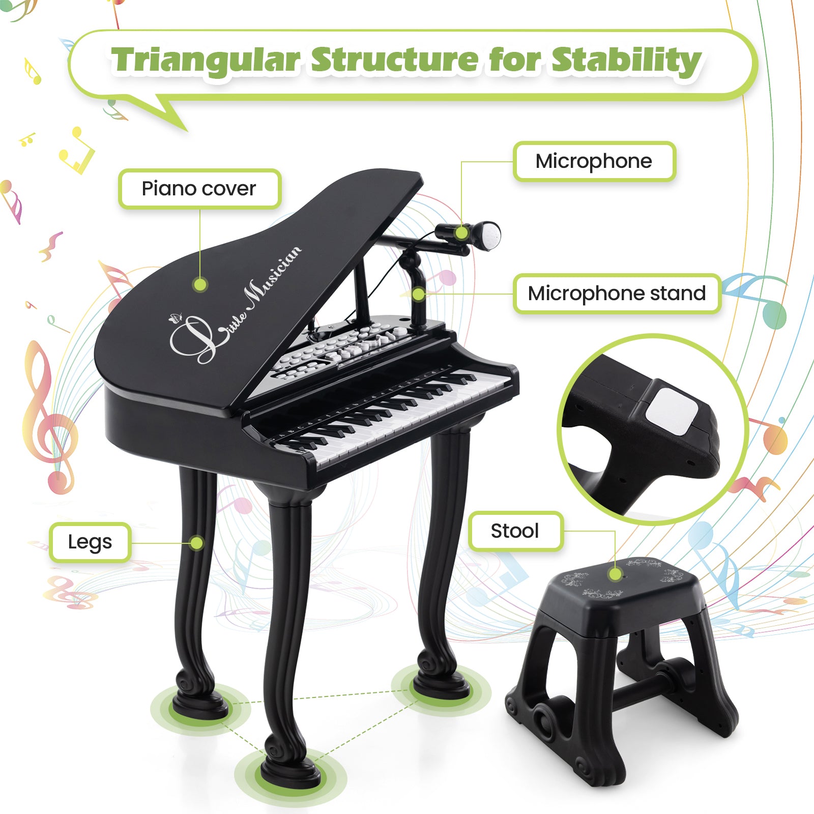 37 Keys Kids Piano Keyboard with Stool and Piano Lid, Black Pianos & Keyboards at Gallery Canada