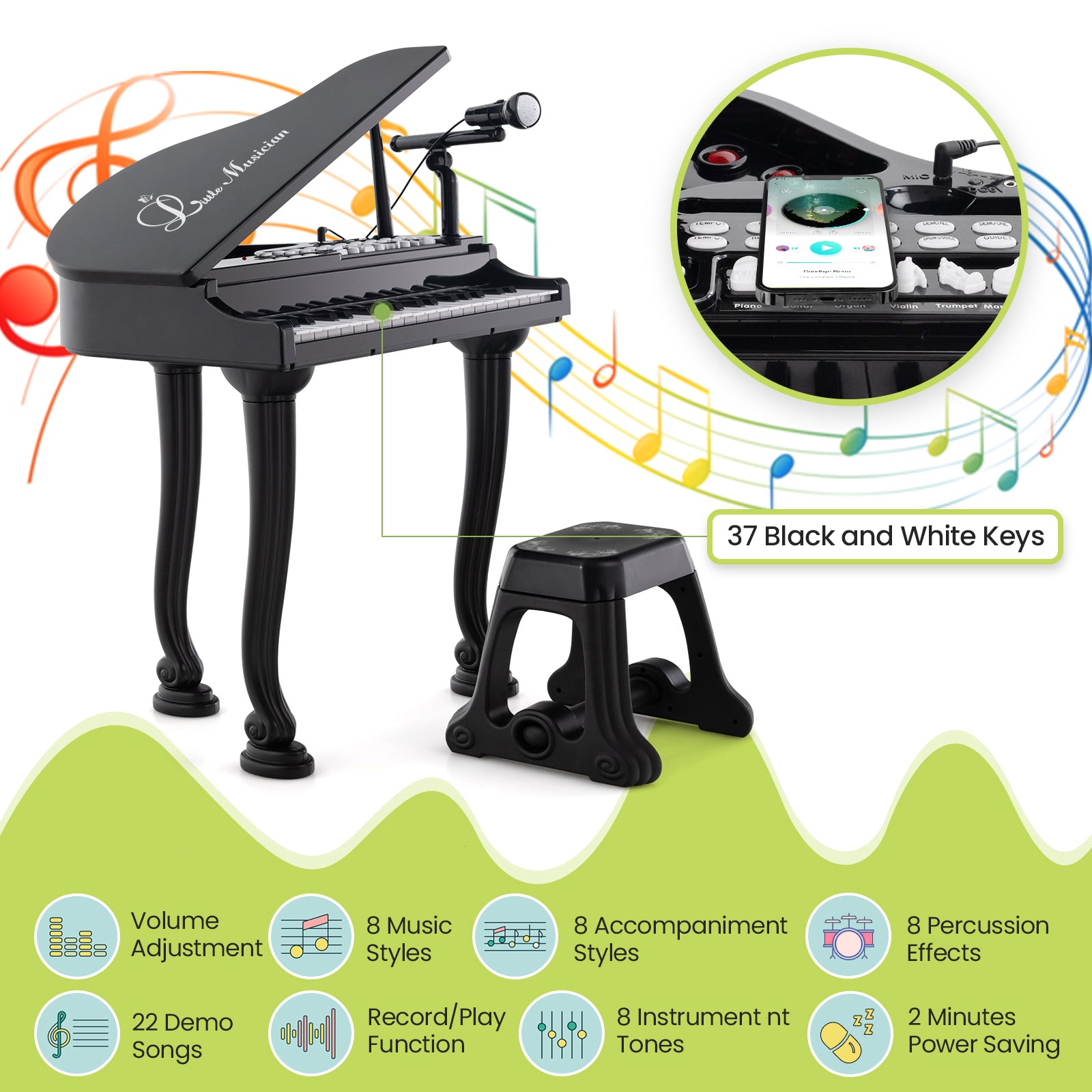 37 Keys Kids Piano Keyboard with Stool and Piano Lid, Black Pianos & Keyboards at Gallery Canada