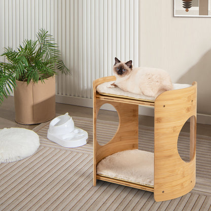 2-Tier Cute Small Cat Tree for Indoor Cats with Natural Bamboo Frame, Beige Cat Trees Condos & Scratchers   at Gallery Canada