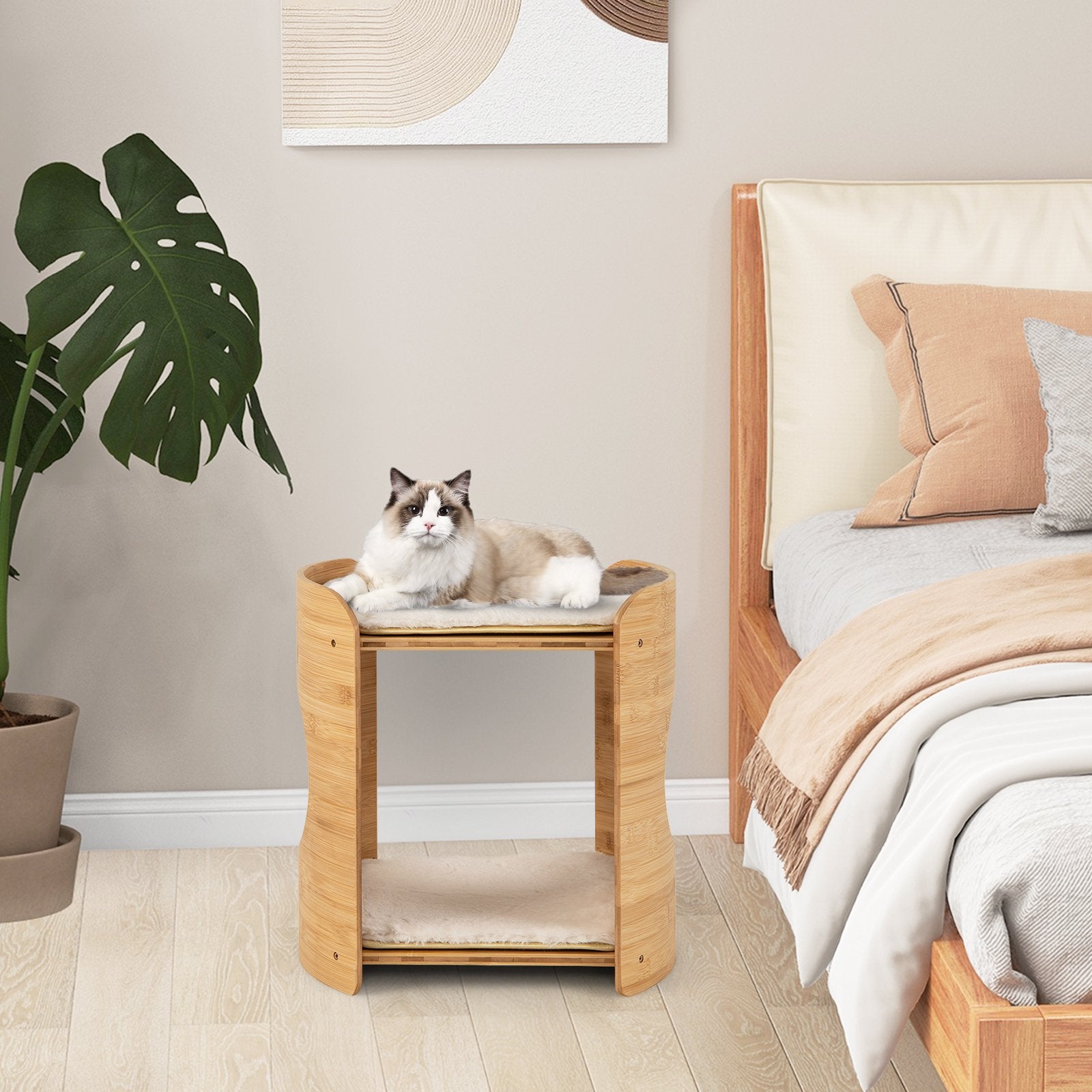 2-Tier Cute Small Cat Tree for Indoor Cats with Natural Bamboo Frame, Beige Cat Trees Condos & Scratchers   at Gallery Canada