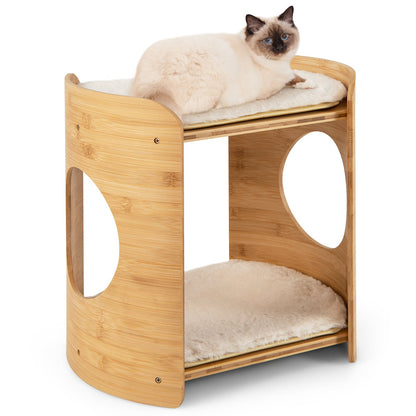 2-Tier Cute Small Cat Tree for Indoor Cats with Natural Bamboo Frame, Beige Cat Trees Condos & Scratchers Beige  at Gallery Canada