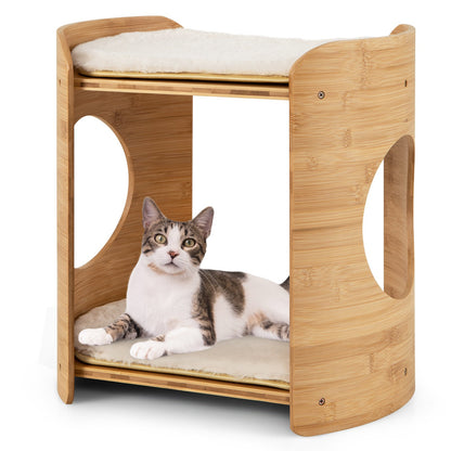 2-Tier Cute Small Cat Tree for Indoor Cats with Natural Bamboo Frame, Beige Cat Trees Condos & Scratchers   at Gallery Canada