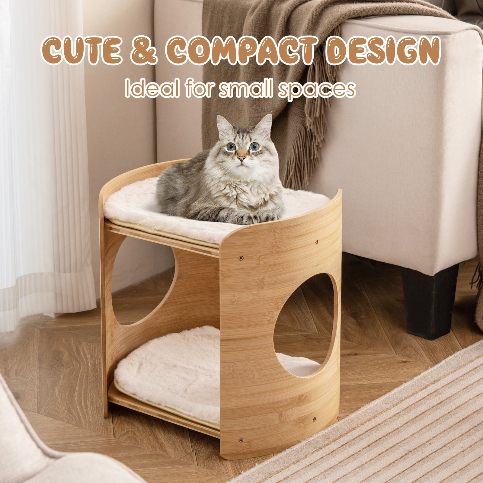 2-Tier Cute Small Cat Tree for Indoor Cats with Natural Bamboo Frame, Beige Cat Trees Condos & Scratchers   at Gallery Canada