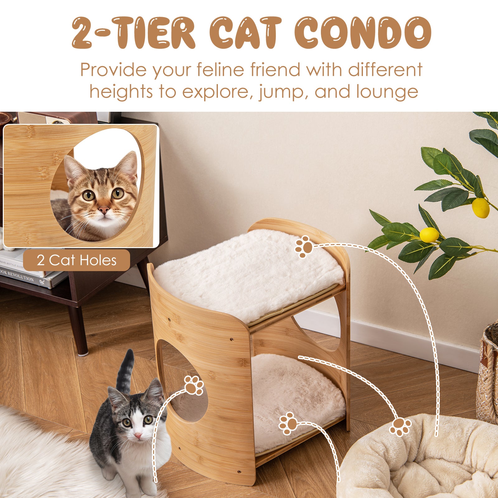 2-Tier Cute Small Cat Tree for Indoor Cats with Natural Bamboo Frame, Beige Cat Trees Condos & Scratchers   at Gallery Canada