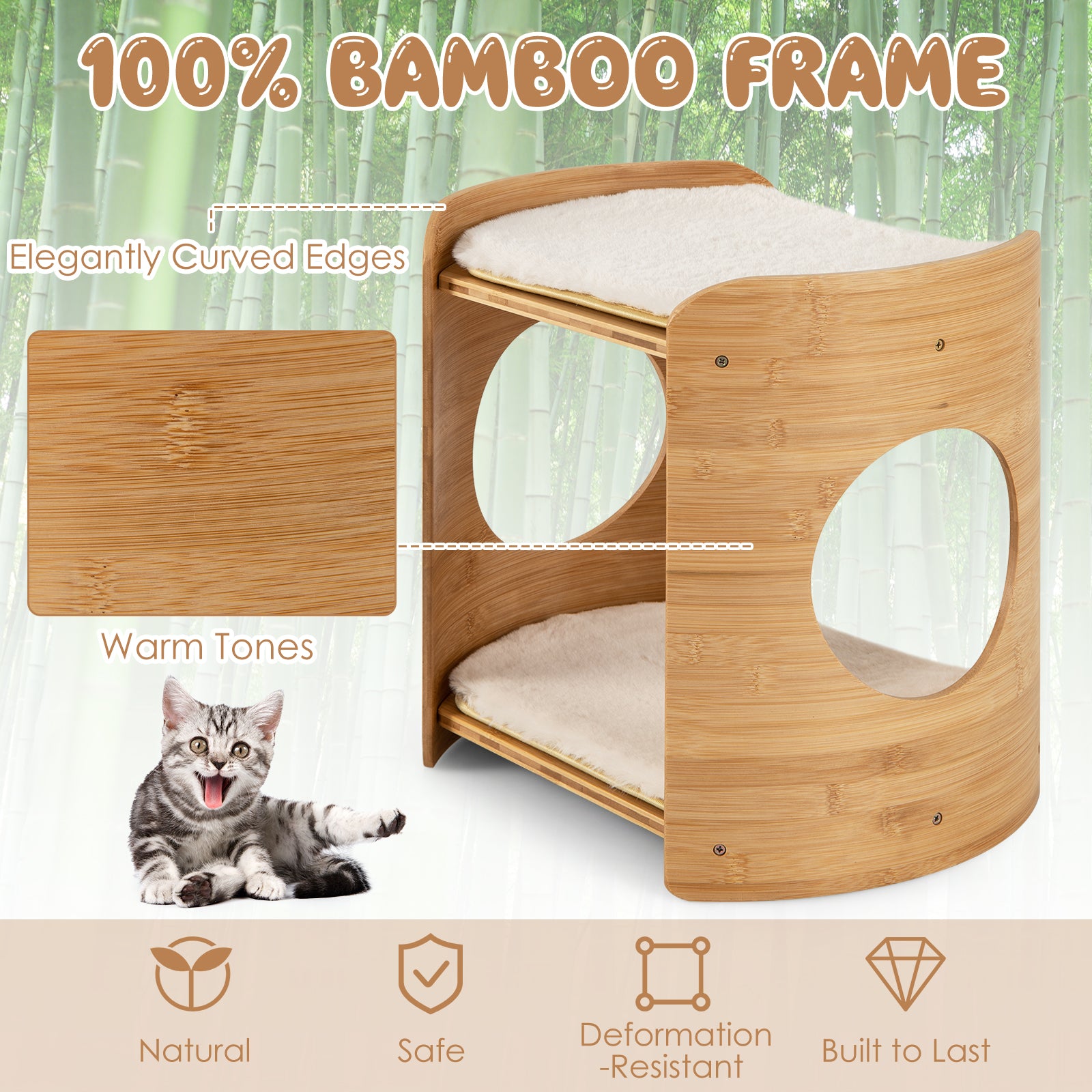 2-Tier Cute Small Cat Tree for Indoor Cats with Natural Bamboo Frame, Beige Cat Trees Condos & Scratchers   at Gallery Canada